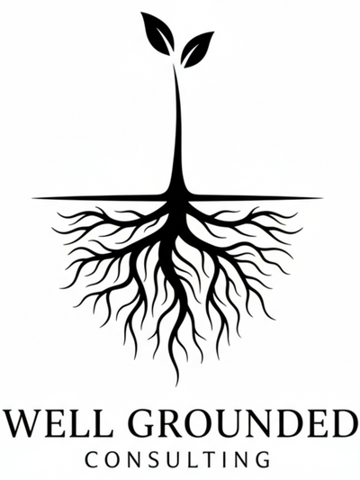 Logo of 'Well Grounded Consulting' with a plant and roots design on a white background.